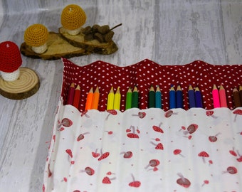 Toadstool themed Pencil Roll, Large Artist Roll, Pencil Case, Fungi, Red and White Pencil Case