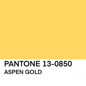 K&ouml;nnte beinhalten: Ein goldgelber Hintergrund mit dem schwarzen Text "PANTONE 13-0850 ASPEN GOLD". Die Farbe ist ein warmes, goldenes Gelb, und der Text ist in einer serifenlosen Schriftart.