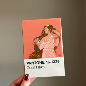 Postal de pintura al gouache de diosa de la mitología griega Afrodita Venus Pantone 16-1329 Coral Haze