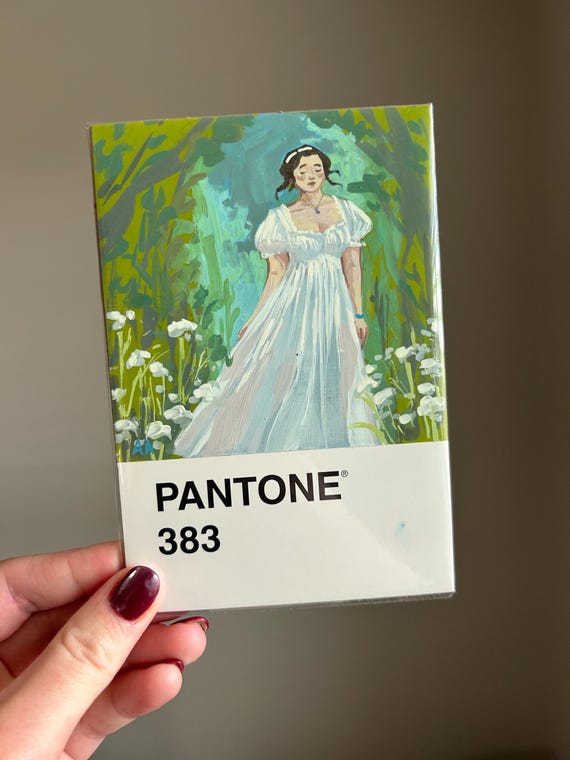 Pantone 383 figure white dress garden fairytale green postcard gouache painting
