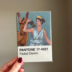 Pantone 17-4021 Faded Denim Artemis Diana diosa de la mitología griega pintura gouache postal