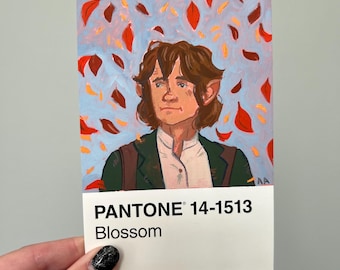 May include: A portrait of a character with pointed ears, wearing a green jacket and white shirt, set against a blue background with orange and red leaf accents. The image includes a Pantone color swatch labeled "Blossom".