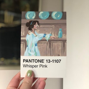 May include: A painting of a woman in a blue dress standing in a room with blue plates on the wall. The painting is on a white card with the text "PANTONE&reg; 13-1107 Whisper Pink".