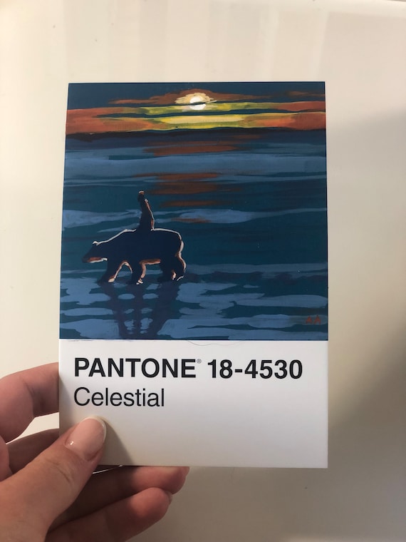 Polar Bear Sunset Gouache Painting on Pantone 18-4530 Postcard