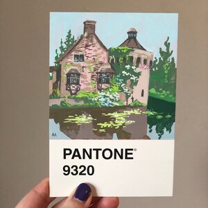 May include: A watercolor painting of a stone building with a tower, surrounded by greenery and reflected in a body of water. The painting is labeled with the Pantone color 9320.
