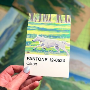 Pantone 12-0524 Citron gouache painting white dog running landscape green Pantone postcard