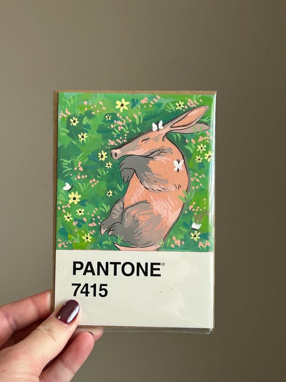 Pantone 7415 Aardvark in wildflowers gouache painting Pantone postcards