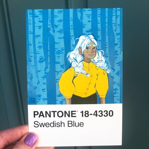 Pantone 18-4330 Swedish Blue Yellowjacket cabelo branco floresta de álamo pintura guache cartão postal
