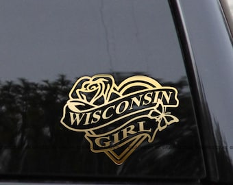 WISCONSIN GIRL Heart & Rose Home State Love Vinyl Decal Sticker