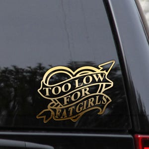 May include: Gold-coloured sticker with the text "TOO LOW FOR FAT GIRLS" in a heart and banner design. The sticker is affixed to a dark-coloured vehicle surface. The design includes an arrow piercing the heart.