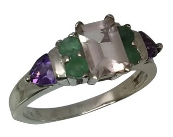14k Morganite, Emerald & Amethyst Ring, FREE SIZING