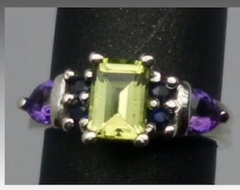 14k Peridot, Sapphire & Amethyst Ring, FREE SIZING