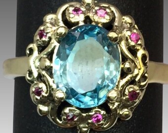 14k Blue Zircon & Ruby Ring, FREE SIZING