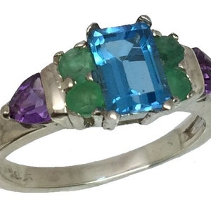 14k Blue Topaz, Emerald & Amethyst Ring, White, Yellow, Rose Gold, Free Sizing, US Made
