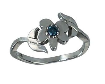 14k Blue Diamond Flower Ring, Free Resize