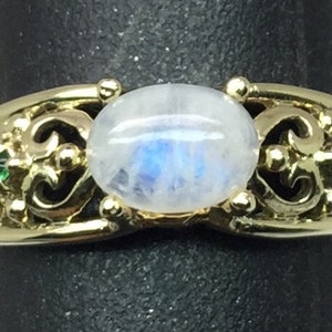 14k Rainbow Moonstone & Tsavorite Ring, FREE SIZING.
