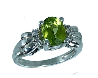 14k Peridot   & Diamonds Ring, White, Yellow, Rose Gold, Free Sizing, US made.