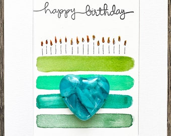 Watercolor Greeting Card + Fused Glass Gift, Keepsake Heart, Special Occasion Happy Birthday Card + Gift