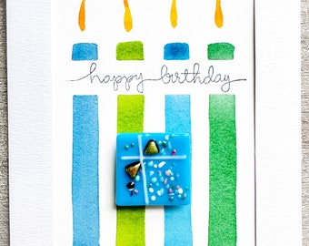 Watercolor Greeting Card + Fused Glass Magnet Gift, Special Occasion Happy Birthday Card/Birthday Cards/Handmade Birthday Cards