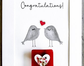 Watercolor Greeting Card + Fused Glass Gift, Magnet Heart Keepsake, Special Occasion Congratulations/Wedding Card + Gift