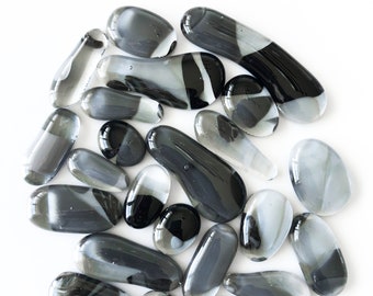 23 Pieces, Fused Glass Pebbles/Gray, Black, Clear Mix/Mosaic, Stained Glass & Craft Supplies, Assorted Sizes, COE96