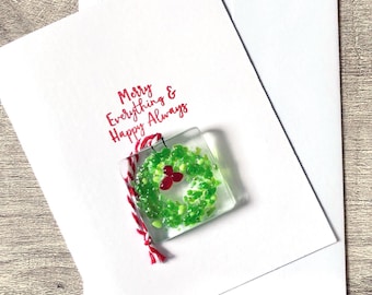 Holiday Card + Fused Glass Wreath Ornament, Keepsake Ornament, Merry Everything & Happy Always, Christmas Cards