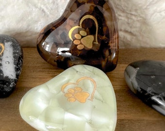 Fused Glass Heart Pet Memorial with Gold Paw Print Design