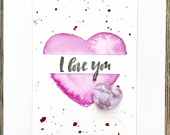 Watercolor Greeting Card + Fused Glass Gift, Mini Heart Keepsake, Special Occasion I Love You Card + Gift