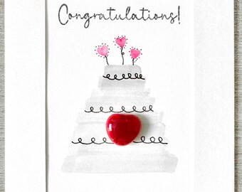 Watercolor Greeting Card + Fused Glass Gift, Mini Heart Keepsake, Special Occasion Congratulations/Wedding Cake Card + Gift