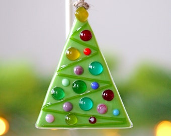 Fused Glass Tree Ornament/Green Garland & Multicolor Baubles