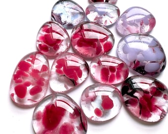 13 Pieces, Fused Glass Pebbles/Cranberry Pink + Purple Mix/Mosaic, Stained and Fused Glass & Craft Supplies, COE90