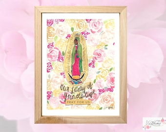 Our Lady of Guadalupe Art Print, Catholic Watercolor Roses