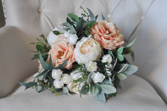 Peach Pink Ivory Silk Rose and Peony Bouquet OOAK ready to ship