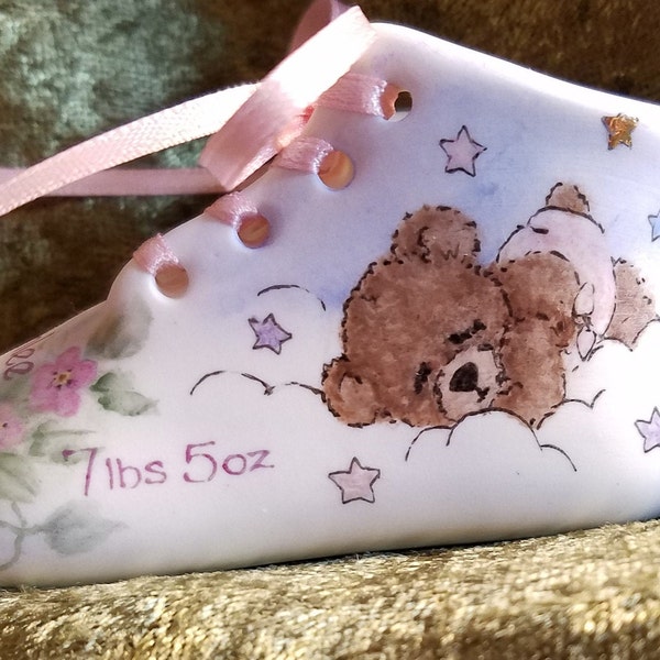 Personalized, Hand Painted Porcelain Bisque Baby Shoe - Birth Keepsake