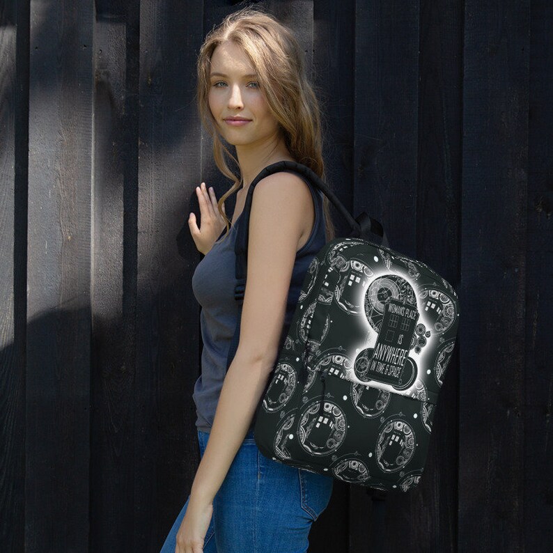 A Woman/'s Place is Anywhere in Time and Space inspirational backpack school bag laptop bag with TARDIS patterning Doctor Who
