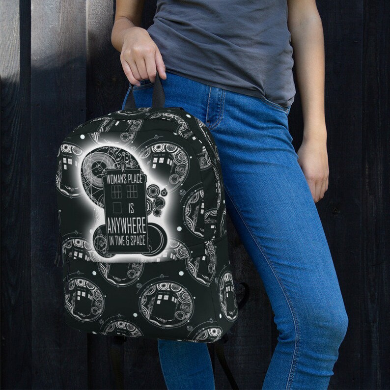 A Woman/'s Place is Anywhere in Time and Space inspirational backpack school bag laptop bag with TARDIS patterning Doctor Who