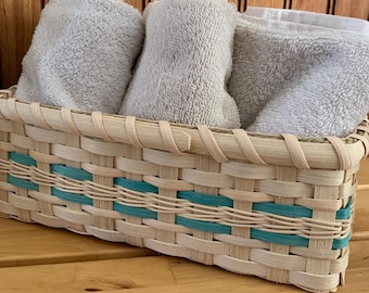 Hand Woven Farmhouse Basket: Slim Rectangle Shelf Storage with Color Accent
