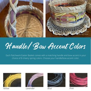 K&ouml;nnte beinhalten: Eine Auswahl von acht bunten geflochtenen Osterei-Korbgriffen und Schleifen. Die Farben sind Gelb, Lavendel, Blau, Rosa, Gr&uuml;n, Orange, Robineier und Lila. Jeder Patchwork-Osterei-Korb wird mit einem passenden Griff und einer Schleife in Ihrer Wahl von 8 fr&ouml;hlichen Fr&uuml;hlingsfarben geliefert. W&auml;hlen Sie Ihre Griff-/Schleifenfarbe.