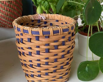 Woven Decorative Planter Pot Cover: Small Contemporary Handwoven Twill Basket Blue and Gold