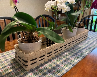 Hand-Woven Farmhouse Basket: Long Rectangular Centerpiece with Custom Accent Color