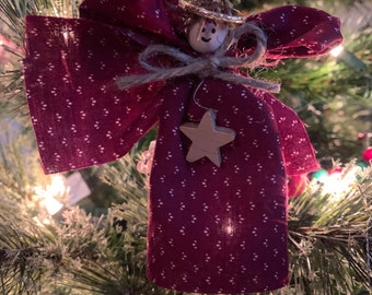 Primitive Angel Tree Ornament - Burgundy Dots