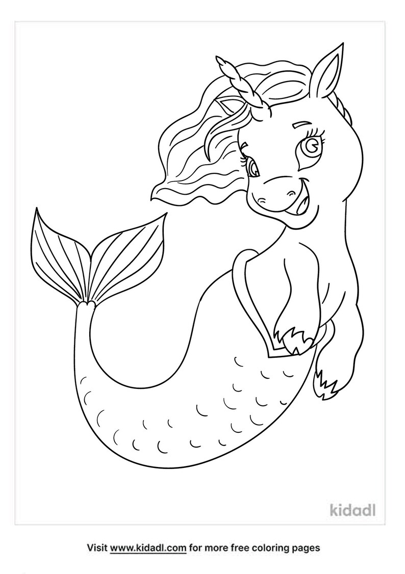 May include: A black and white line drawing of a unicorn mermaid with a long flowing mane and a tail with scales. The unicorn mermaid is smiling and has a horn on its forehead.