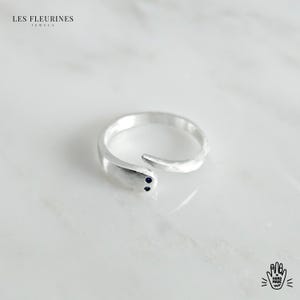 Op de afbeelding: Een zilveren ring met een uniek ontwerp met een gebogen band en een kleine, puntige uitbreiding. Twee kleine blauwe edelstenen zijn in de ring gezet.