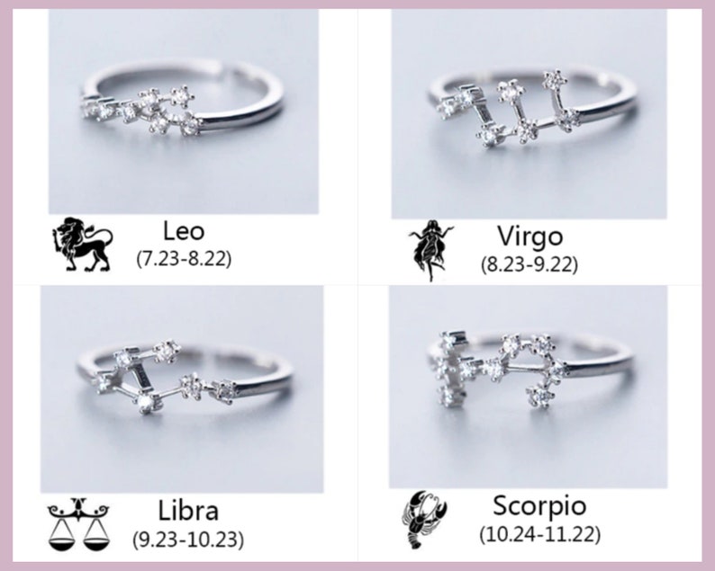Zodiac sign adjustable ring 925 sterling silver Leo ring silver Taurus zircon micro stones Sagittarius zodiac ring Aquarius sign ring