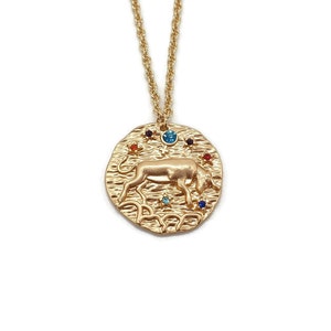 Taurus zodiac pendant gold medal zodiac personalized zodiac necklace with crystals Taurus jewelry large coin horoscope sign pendant