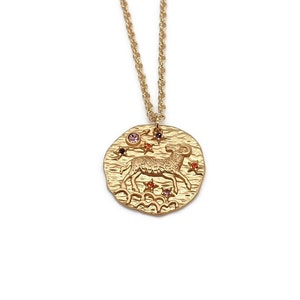 Aries zodiac pendant gold medal zodiac personalized zodiac necklace with crystals Aries jewelry large coin horoscope sign pendant