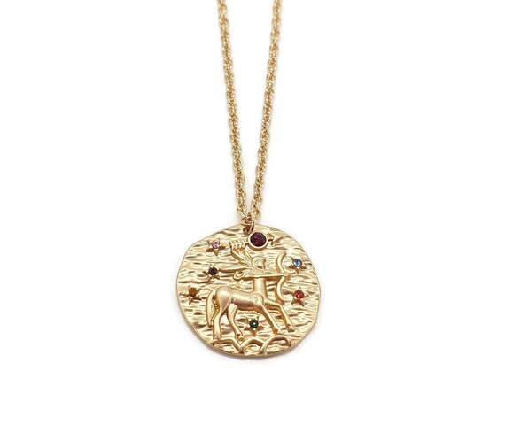 Sagittarius zodiac pendant gold medal zodiac personalized zodiac necklace with crystals Sagittarius jewelry large coin horoscope sign