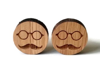 Laser cut wood cuff links men cuff links moustache and glasses cuff links men accessories men clothing gift father's gift, men gift