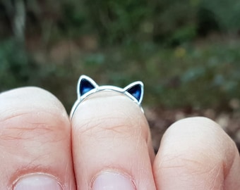 925 Sterling silver cat ring personalized cat ring adjustable ring silver cat ring blue cat ears ring cat lovers gift, cat ears ring