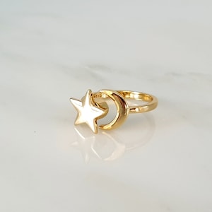 Bague étoile et lune en argent sterling 925, bague ouverte réglable en or, bague univers équilibre, bague céleste, bague anxiété délicate